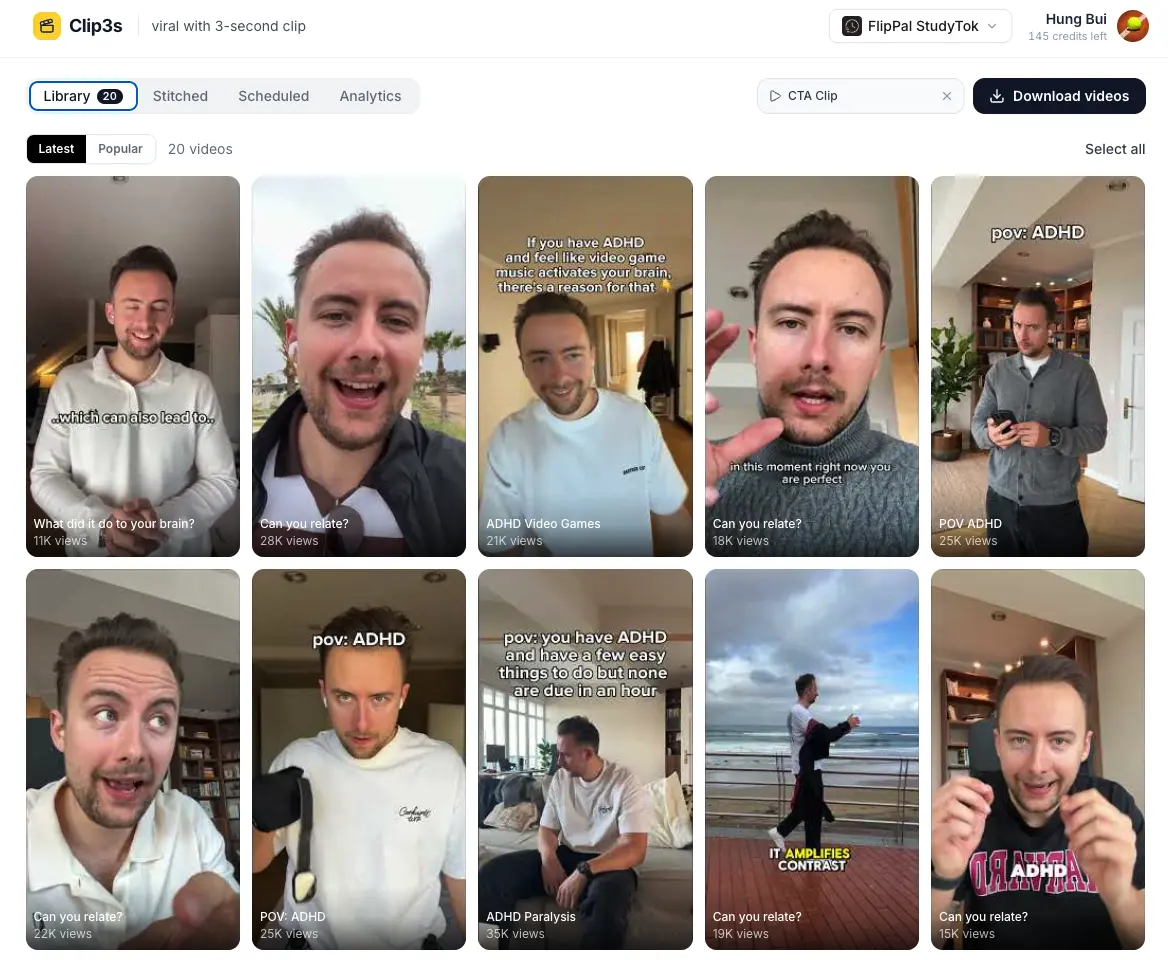 Clip3s dashboard — scrape clips, stitch your CTA, and bulk-schedule to TikTok